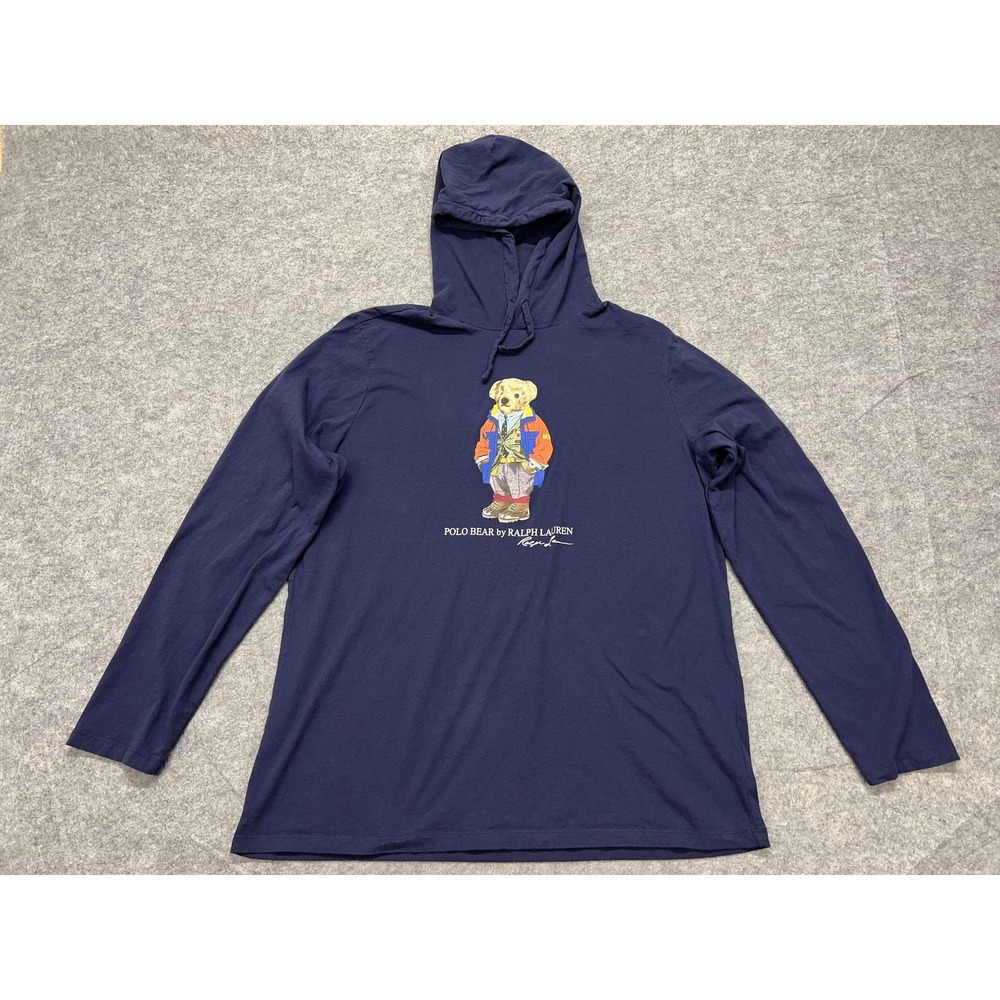 Polo Ralph Lauren Hoodie Shirt Mens XL Navy Blue Polo Bear Long Sleeve Pullover - Picture 1 of 7